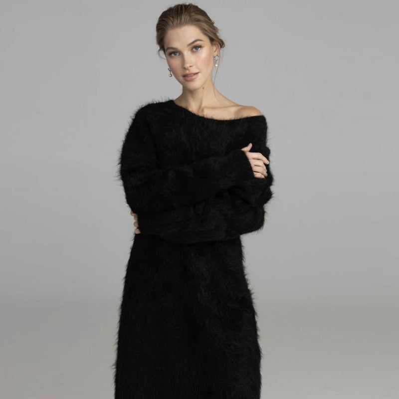 Cozy Fluffy Solid Round Neck Long Sleeve Mohair Sweater Dress