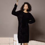 Cozy Fluffy Solid Round Neck Long Sleeve Mohair Sweater Dress