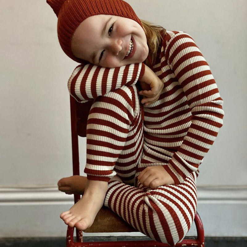 Cozy Kids Striped Ribbed Knit Long Sleeve Sweater and High Waist Slim Pants Matching Set