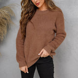 Cozy Soft Crew Neck Drop Shoulder Eyelash Knit Pullover Mohair Sweater