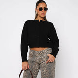 Cozy Solid Crew Neck Drop Shoulder Button Up Oversized Crop Knit Cardigan