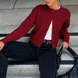 Cozy Solid Crew Neck Drop Shoulder Button Up Oversized Crop Knit Cardigan