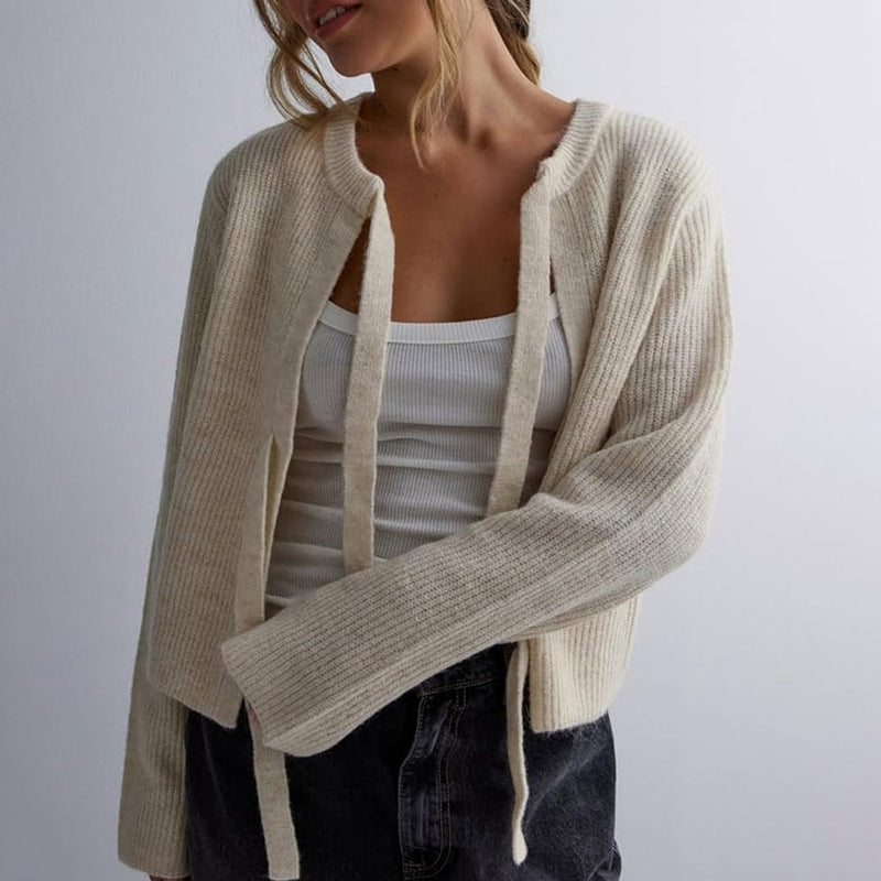 Cozy Solid Crew Neck Long Sleeve Textured Ribbed Knit Bow Tie Cardigan