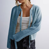 Cozy Solid Crew Neck Long Sleeve Textured Ribbed Knit Bow Tie Cardigan