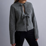 Cozy Solid Crew Neck Long Sleeve Textured Ribbed Knit Bow Tie Cardigan