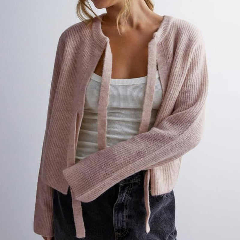 Cozy Solid Crew Neck Long Sleeve Textured Ribbed Knit Bow Tie Cardigan