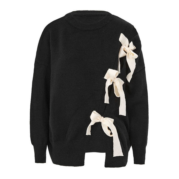 Cute Bow Tie Cutout Crew Neck Long Sleeve Oversize Pullover Sweater