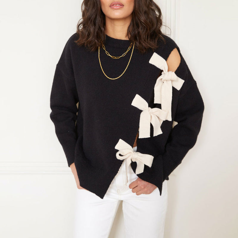 Cute Bow Tie Cutout Crew Neck Long Sleeve Oversize Pullover Sweater