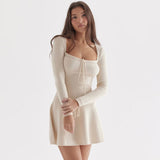 Cute Bow Tie Square Neck Long Sleeve Winter Skater Sweater Mini Dress