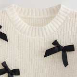 Cute Bow Trim Ribbed Knit Crew Neck Puff Sleeve Summer Crop Sweater