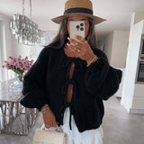 Cute Crew Neck Drop Shoulder Blouson Sleeve Oversized Bow Tie Cardigan