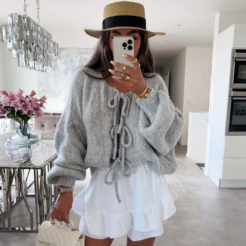 Cute Crew Neck Drop Shoulder Blouson Sleeve Oversized Bow Tie Cardigan