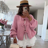 Cute Crew Neck Drop Shoulder Blouson Sleeve Oversized Bow Tie Cardigan