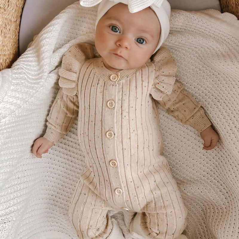 Cute Crew Neck Ruffle Trim Long Sleeve Button Front Ribbed Knit Baby Onesie