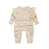 Cute Crew Neck Ruffle Trim Long Sleeve Button Front Ribbed Knit Baby Onesie