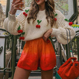 Cute Crochet Cherry Crew Neck Blouson Sleeve Oversized Chunky Knit Sweater