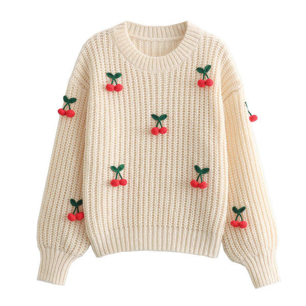 Cute Crochet Cherry Crew Neck Blouson Sleeve Oversized Chunky Knit Sweater