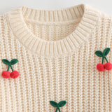 Cute Crochet Cherry Crew Neck Blouson Sleeve Oversized Chunky Knit Sweater