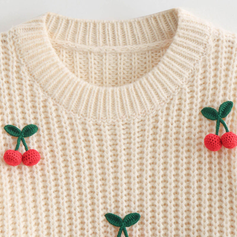 Cute Crochet Cherry Crew Neck Blouson Sleeve Oversized Chunky Knit Sweater