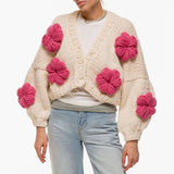 Cute Crochet Hand Knit Oversize Chunky Yarn 3D Flower Cropped Cardigan