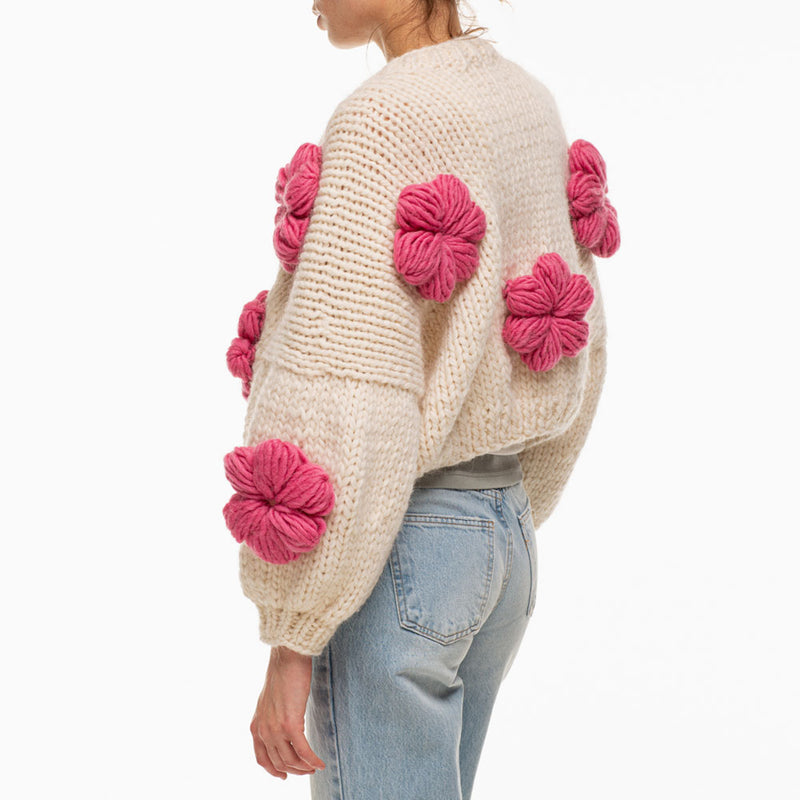 Cute Crochet Hand Knit Oversize Chunky Yarn 3D Flower Cropped Cardigan