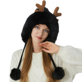 Cute Faux Fur Pom Pom Winter Chunky Rib Knit Elk Horn Christmas Beanie