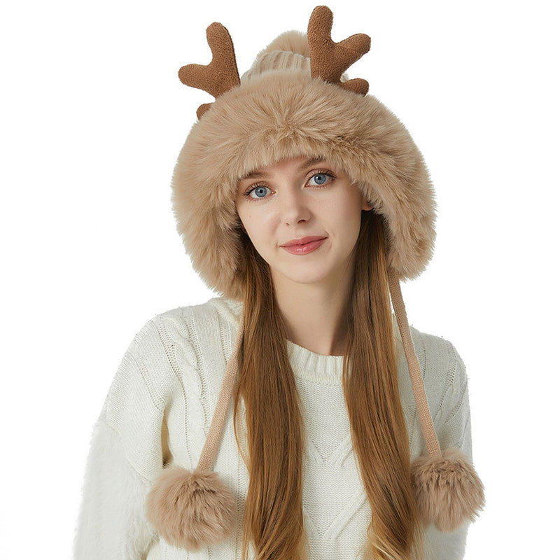 Cute Faux Fur Pom Pom Winter Chunky Rib Knit Elk Horn Christmas Beanie