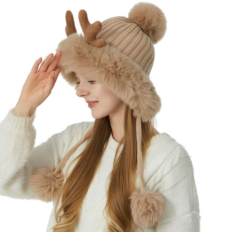 Cute Faux Fur Pom Pom Winter Chunky Rib Knit Elk Horn Christmas Beanie