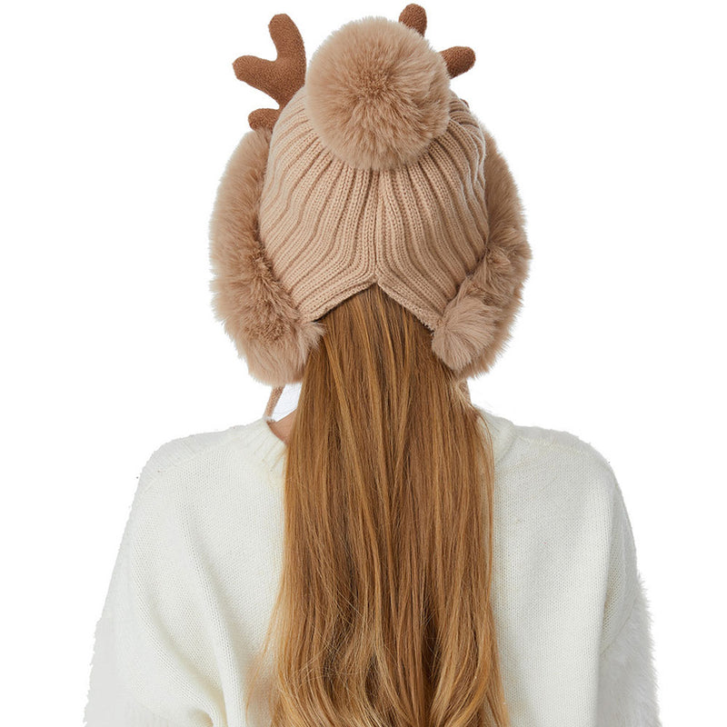 Cute Faux Fur Pom Pom Winter Chunky Rib Knit Elk Horn Christmas Beanie