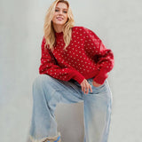 Cute Heart Intarsia Knit Crew Neck Long Sleeve Oversized High Low Sweater