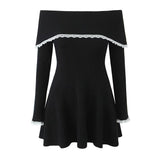 Cute Lace Trim Foldover Off Shoulder Bell Sleeve Rib Knit Sweater Mini Dress