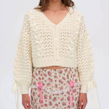 Cute Lace Up Ribbon Bow Button Up Open Knit Cropped Oversized Cardigan