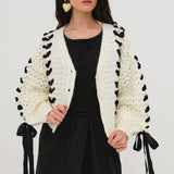 Cute Lace Up Ribbon Bow Button Up Open Knit Cropped Oversized Cardigan