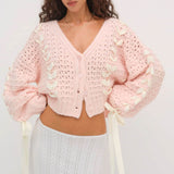 Cute Lace Up Ribbon Bow Button Up Open Knit Cropped Oversized Cardigan