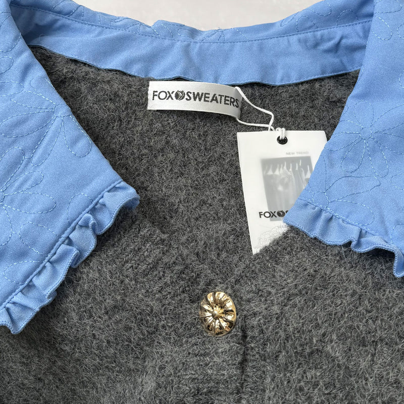 Cute Gray Mohair Blend Oversized Collar V Neck Button Up Cardigan