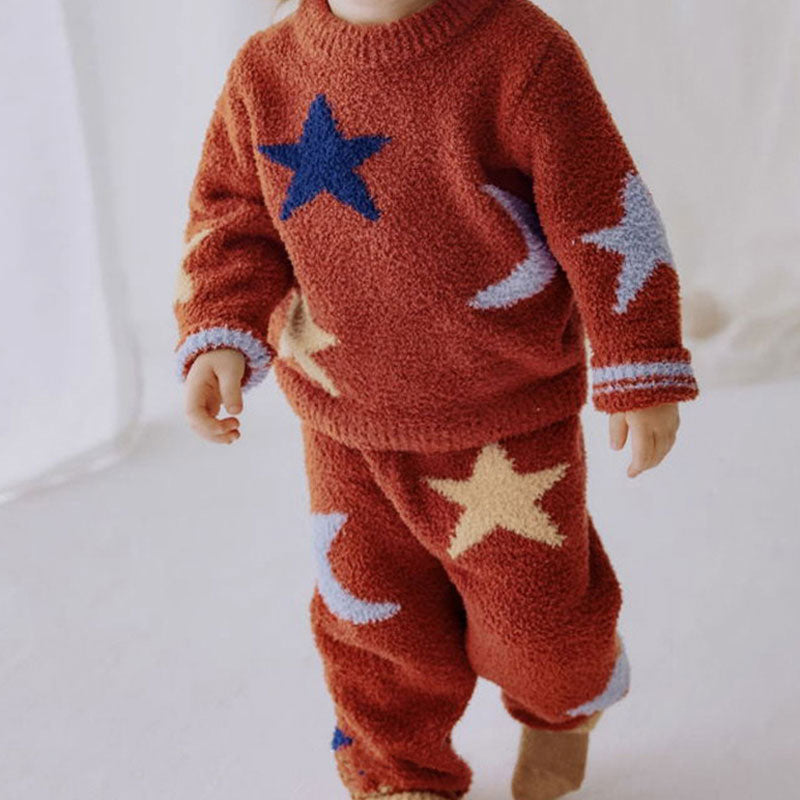 Cute Multicolored Star Jacquard Fuzzy Knit Elastic Waist Kids Pants