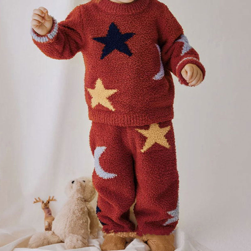 Cute Multicolored Star Jacquard Fuzzy Knit Elastic Waist Kids Pants