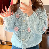 Cute Pom Pom Detail Rosette Applique Button Front Chunky Hand Knit Cardigan