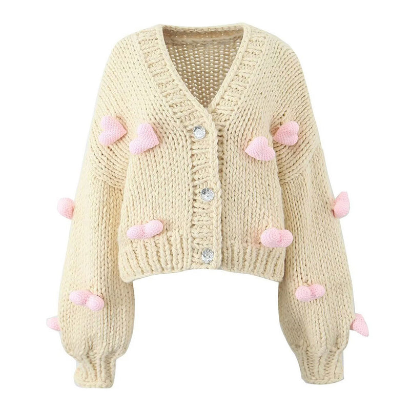 Cute Puffy Heart Hand Knit Crystal Button Up Oversize Chunky Yarn Cardigan