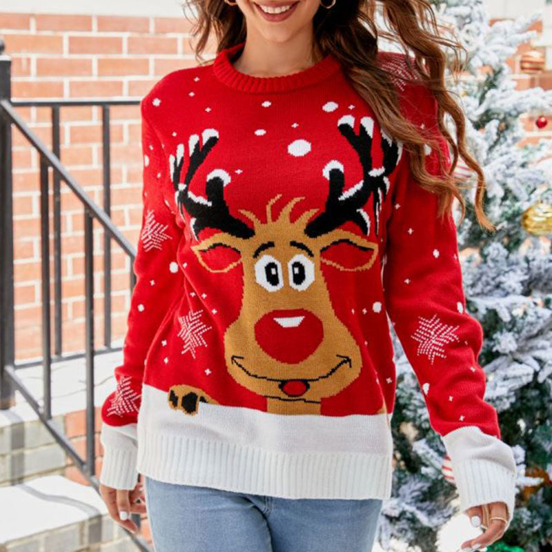 Cute Reindeer Ribbed Knit Crew Neck Long Sleeve Pullover Christmas Sweater