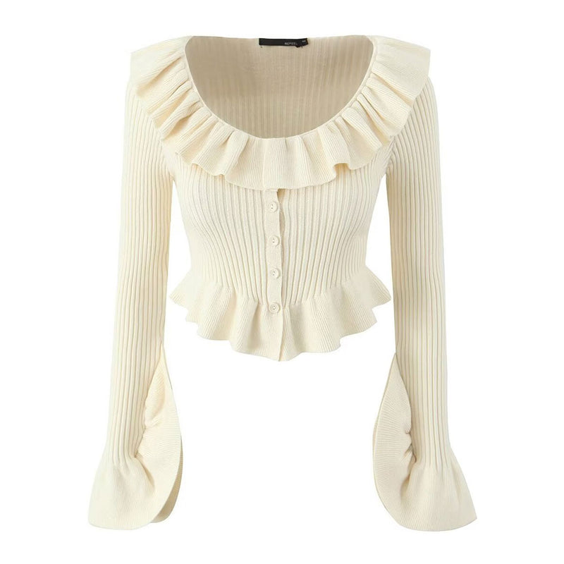 Cute Ruffled Neck Button Down Long Sleeve Rib Knit Crop Peplum Cardigan