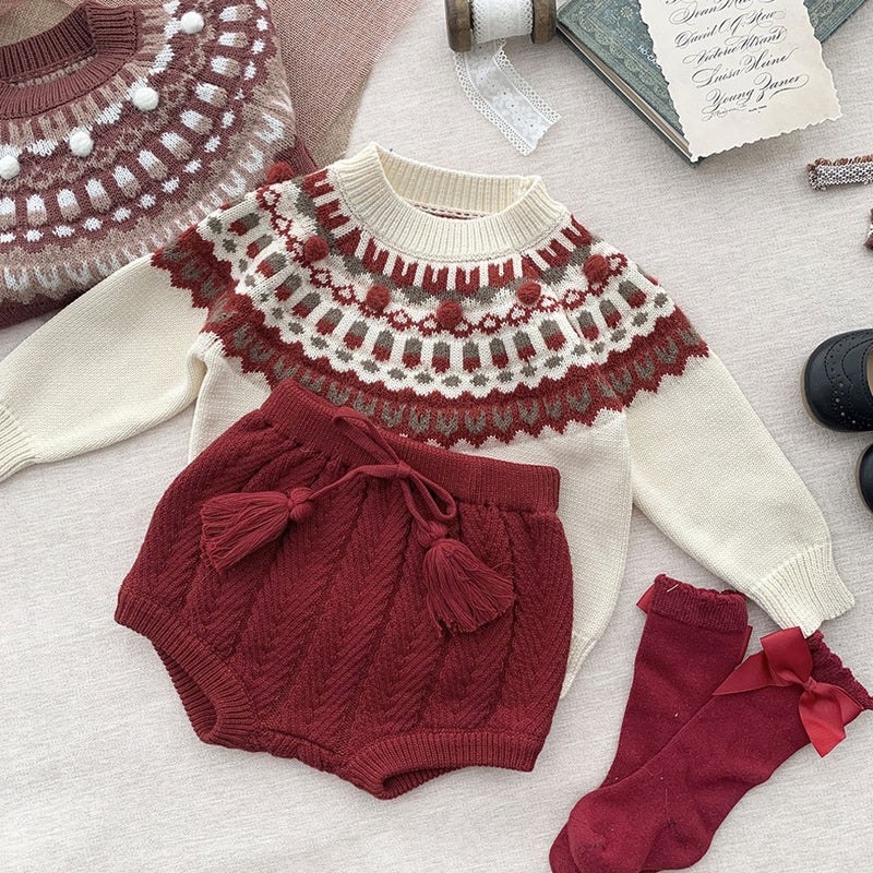 Cute Solid Color Tassel Detail Tie Front High Waist Cable Knit Baby Bloomer Shorts