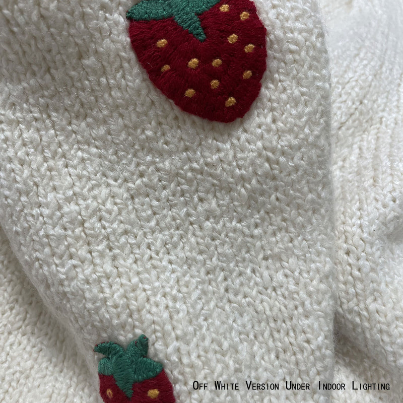 Cute Strawberry Embroidered Puff Sleeve Crew Neck White Pullover Sweater