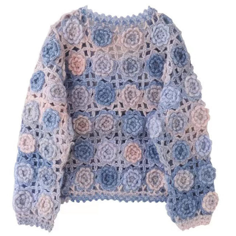 Cute Colorful Rosette Crochet Hand Knit Button Up Wool Blend Crop Cardigan