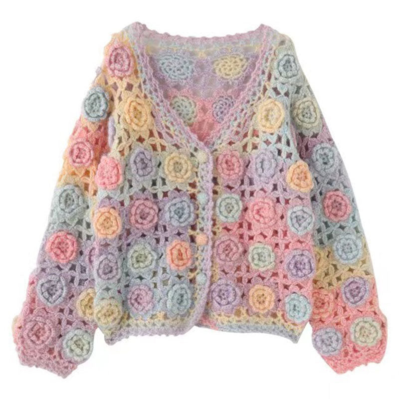 Cute Colorful Rosette Crochet Hand Knit Button Up Wool Blend Crop Cardigan