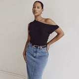 Elegant Solid Draped Asymmetric One Shoulder Slim Ribbed Knit Top