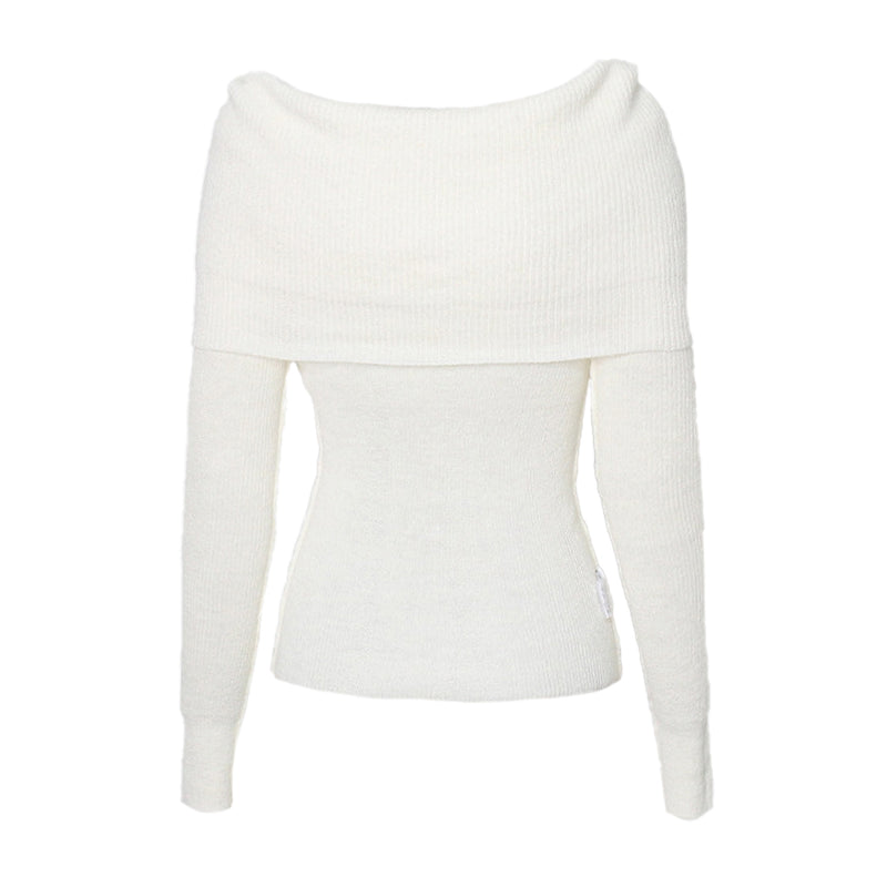 Elegant Twist Foldover Off The Shoulder Long Sleeve Ribbed Knit Sweater