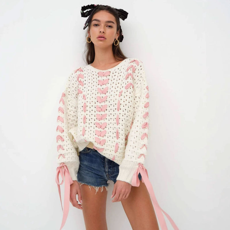 Feminine Ribbon Bow Tie Pointelle Knit Drop Shoulder Oversized Sweater