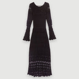 Feminine Scalloped Trim Open Back Bell Sleeve Black Pointelle Knit Maxi Dress