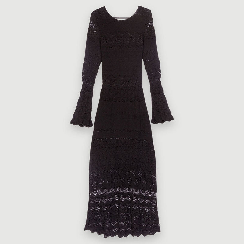 Feminine Scalloped Trim Open Back Bell Sleeve Black Pointelle Knit Maxi Dress